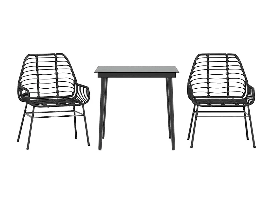3 pcs conjunto de jantar para jardim vime PE vidro preto
