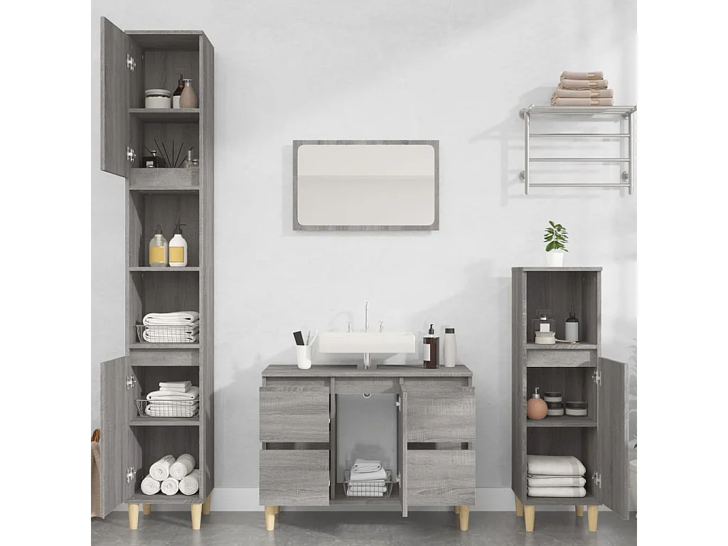3-delige Badkamermeubelset bewerkt hout grijs sonoma eikenkleur
