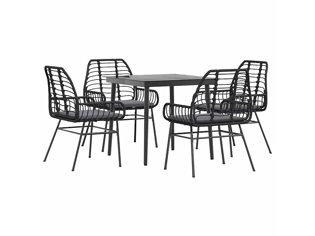 Conjunto de jantar jardim 5 peças almofadas vidro vime PE preto