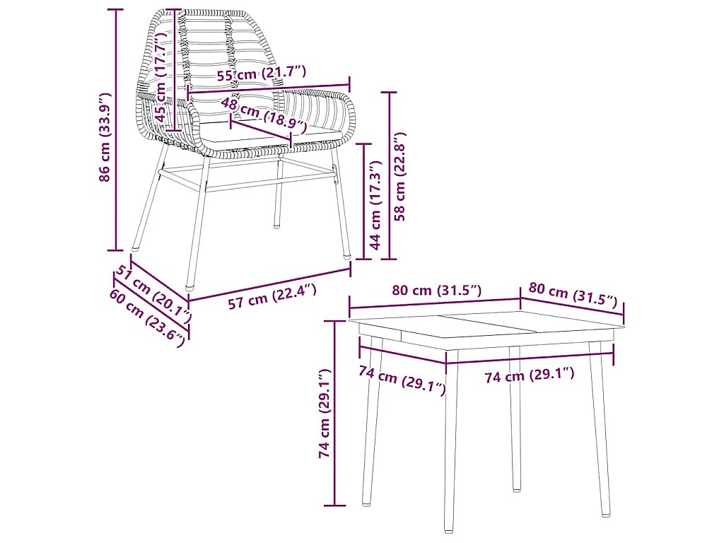 Conjunto de jantar jardim 5 peças almofadas vidro vime PE preto