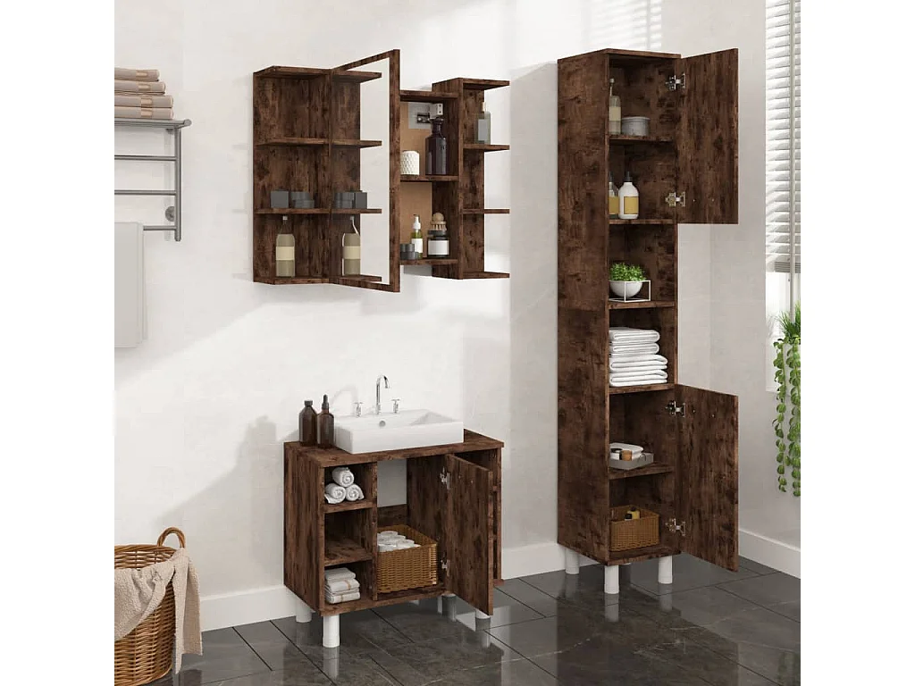 Set Mobili da Bagno 3 pz Rovere Fumo in Legno Multistrato