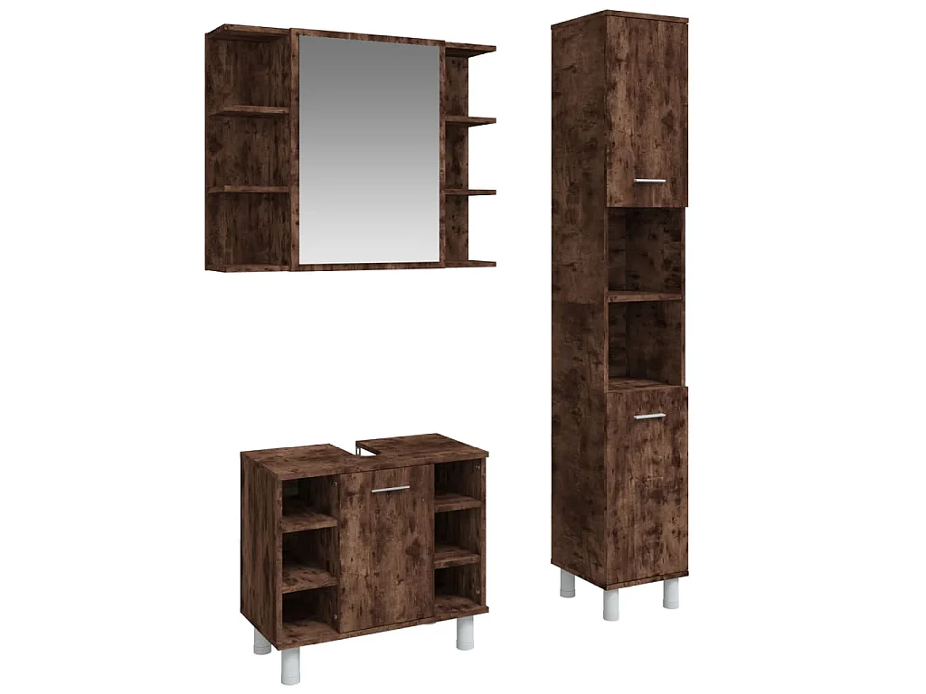 Set Mobili da Bagno 3 pz Rovere Fumo in Legno Multistrato