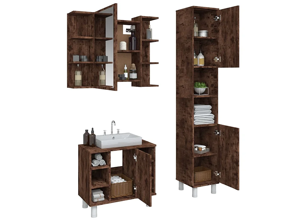 Set Mobili da Bagno 3 pz Rovere Fumo in Legno Multistrato