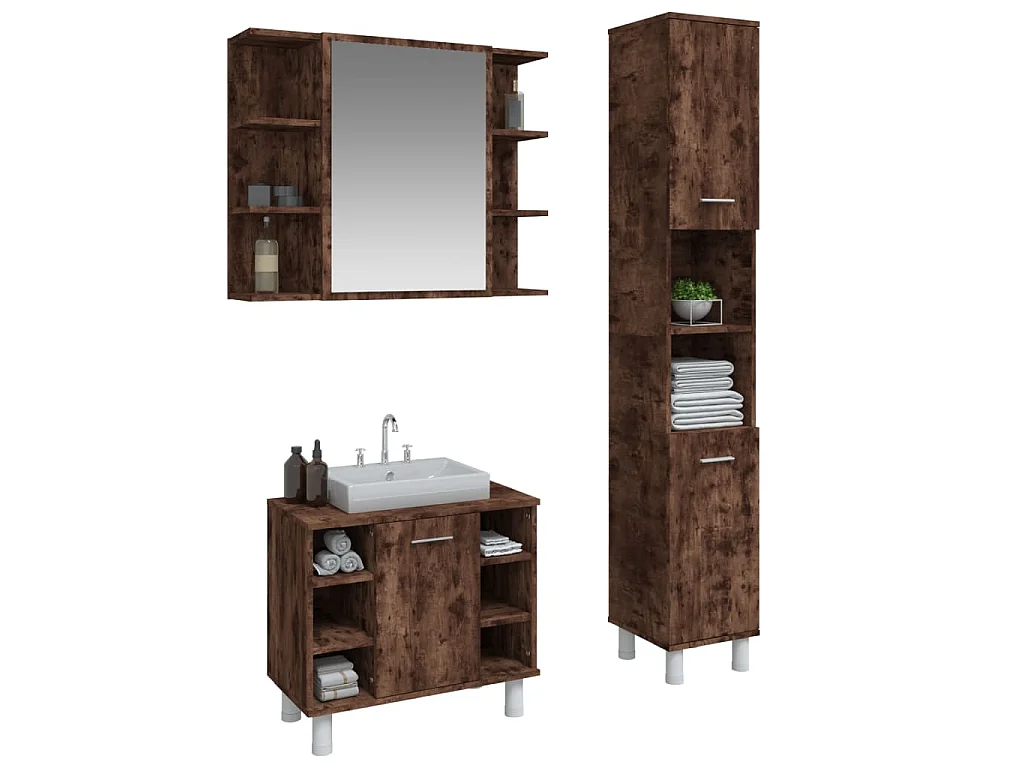 Set Mobili da Bagno 3 pz Rovere Fumo in Legno Multistrato