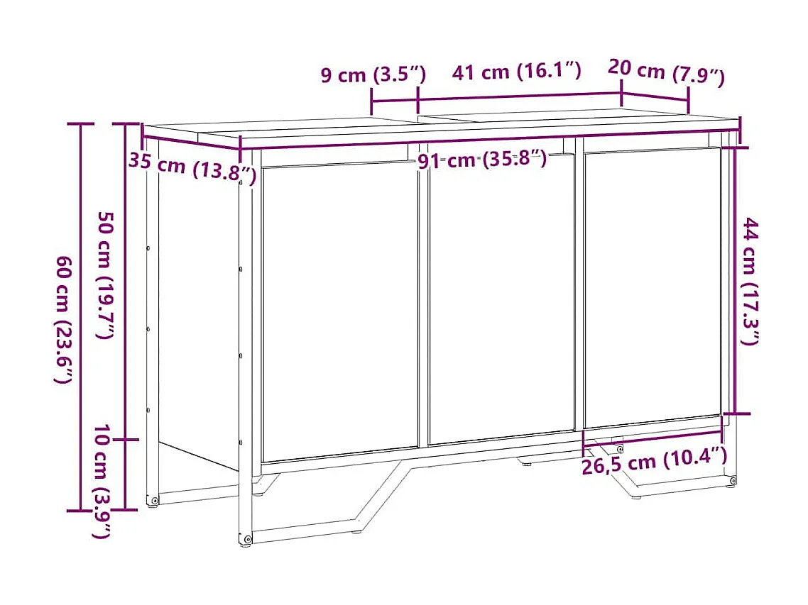 Cabinet Sous Évier Autre avec porte Bois Ancien 91 x 35 x 60 cm