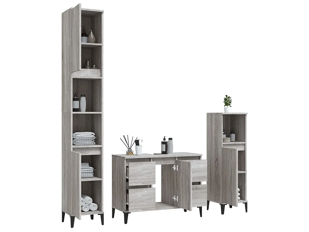 Set Mobili da Bagno 3 pz Grigio Sonoma in Legno Multistrato