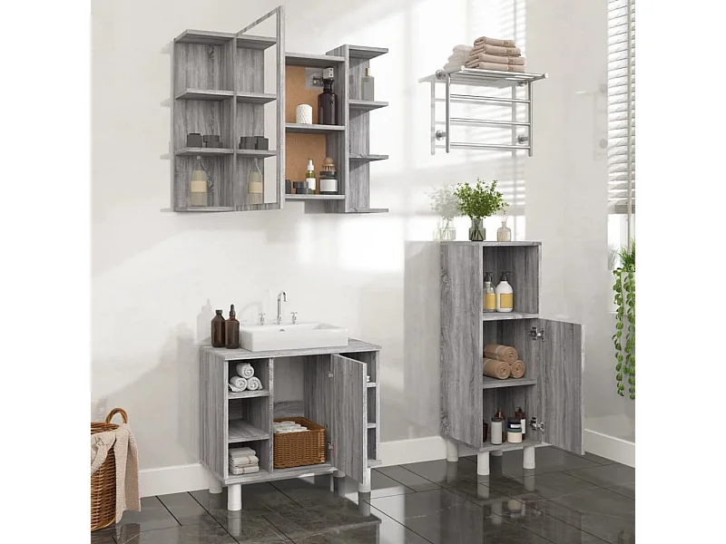 Set Mobili da Bagno 3 pz Grigio Sonoma in Legno Multistrato