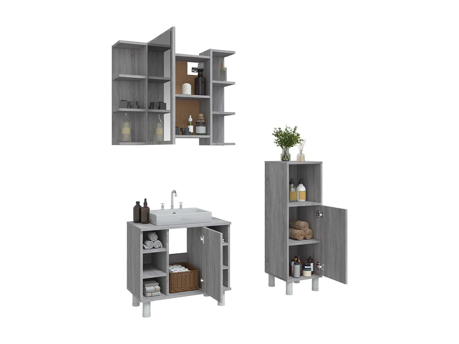 Ensemble d'armoires de salle de bain 3 pcs sonoma gris