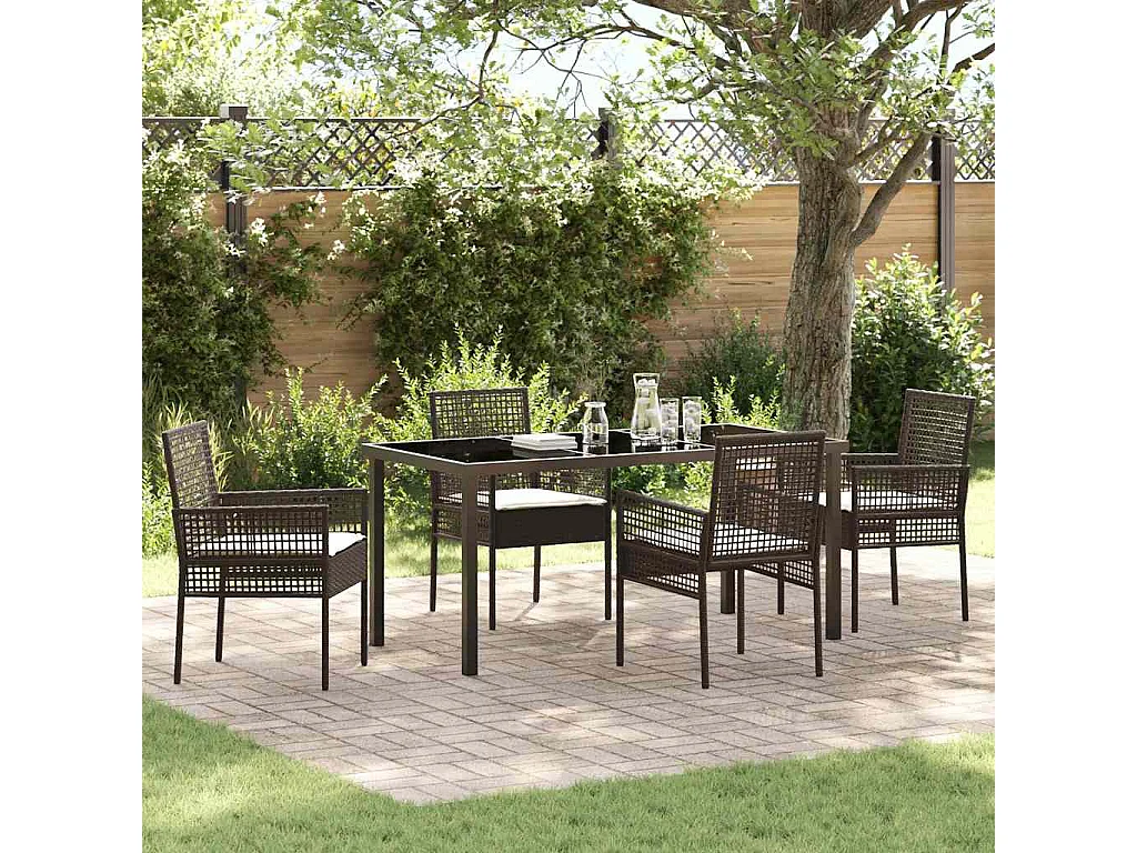 Set da Pranzo per Giardino con cuscino 5 pcs Marrone polyrattan