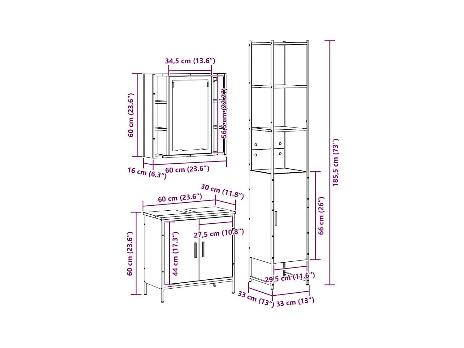 Meubles de salle de bain avec étagère Marron 33 x 33 x 185.5 cm