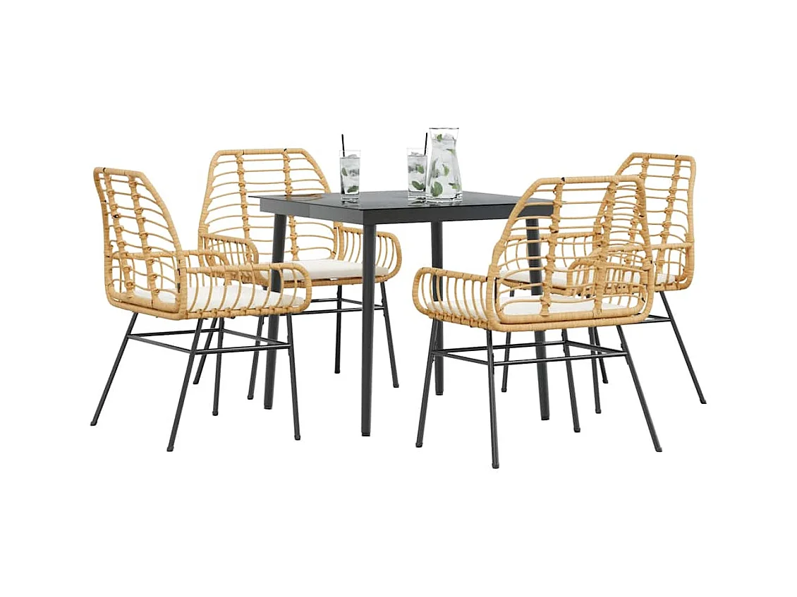 Set da Pranzo da Giardino 5pz con Cuscini Polyrattan Vetro