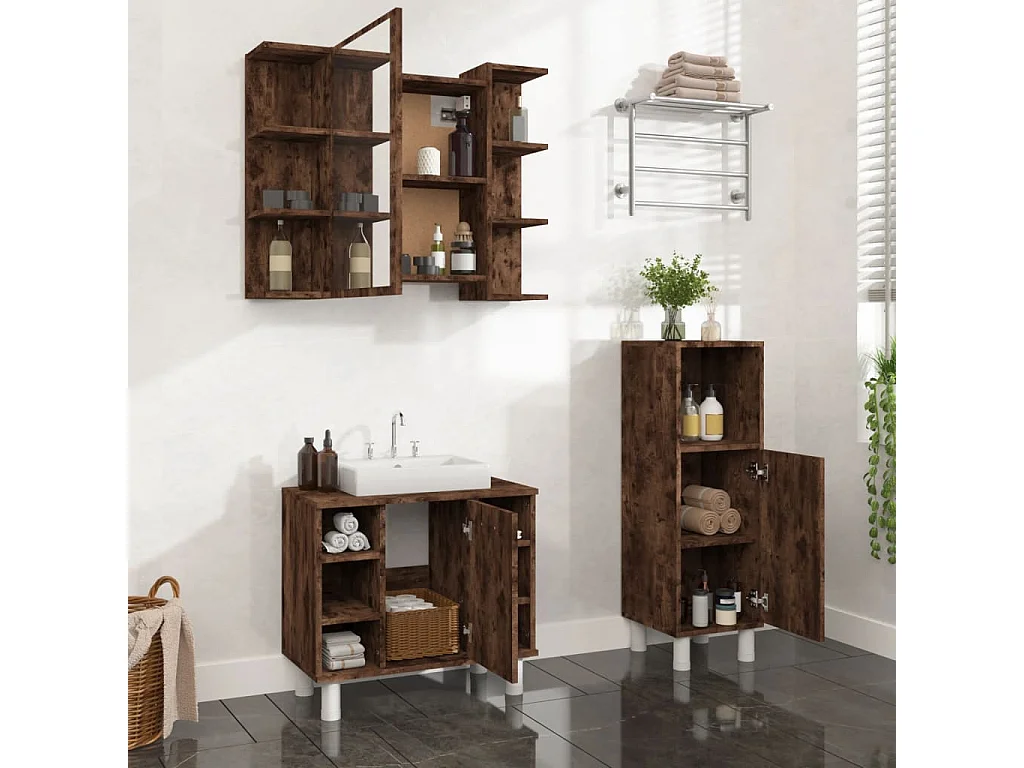 Set de muebles baño 3 pzas madera contrachapada roble ahumado
