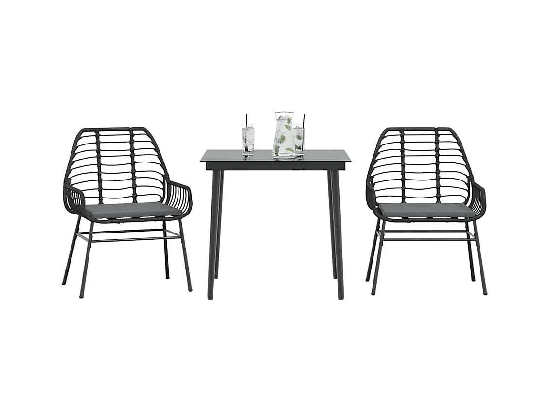 Ensemble à manger de jardin et coussins 3 pcs noir rotin verre