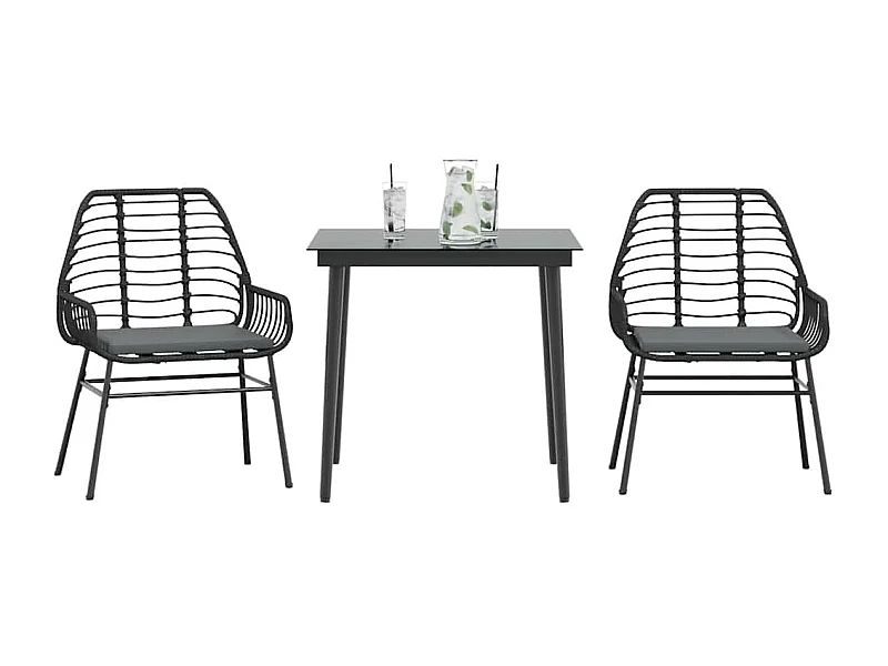 3-tlg. Garten-Essgruppe mit Kissen Schwarz Poly Rattan Glas