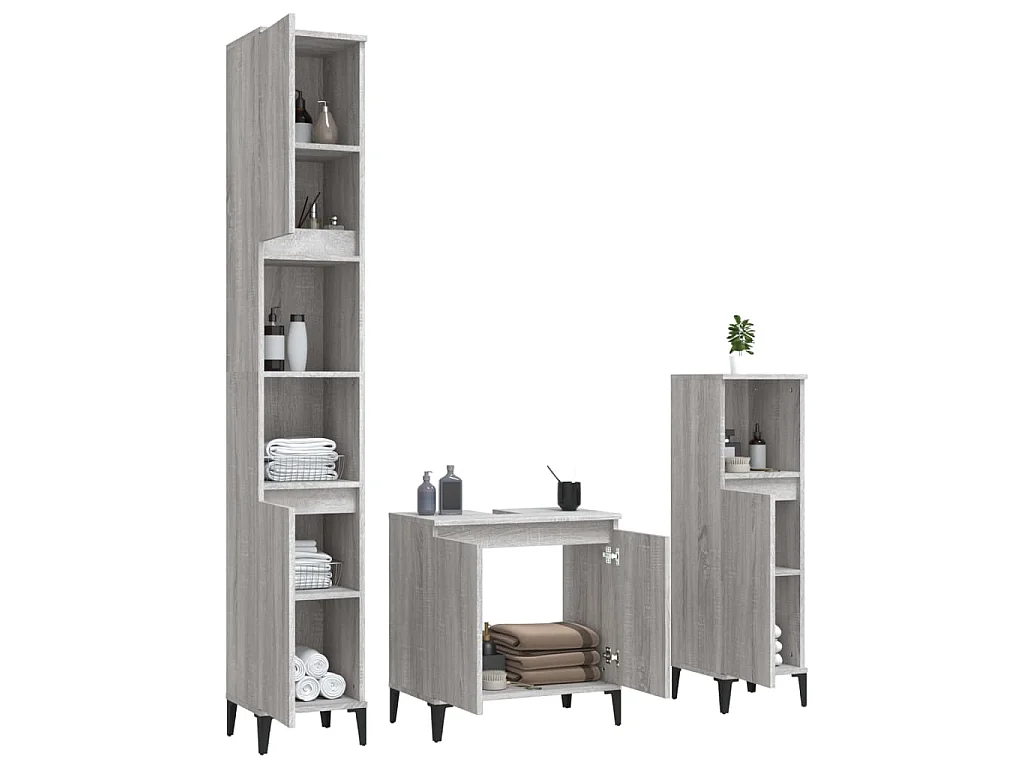 3-delige Badkamermeubelset bewerkt hout grijs sonoma eikenkleur