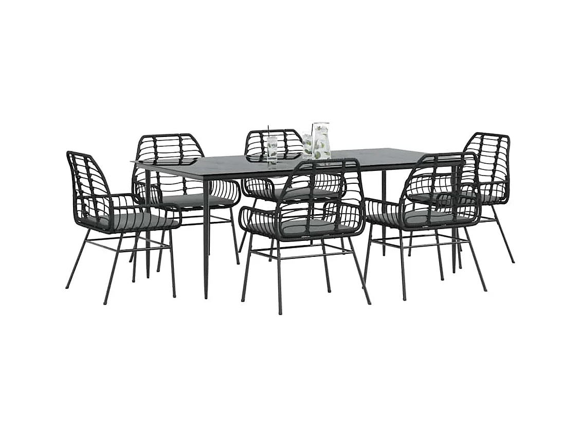 Set Pranzo da Giardino 7 pz Nero con Cuscini Polyrattan Vetro