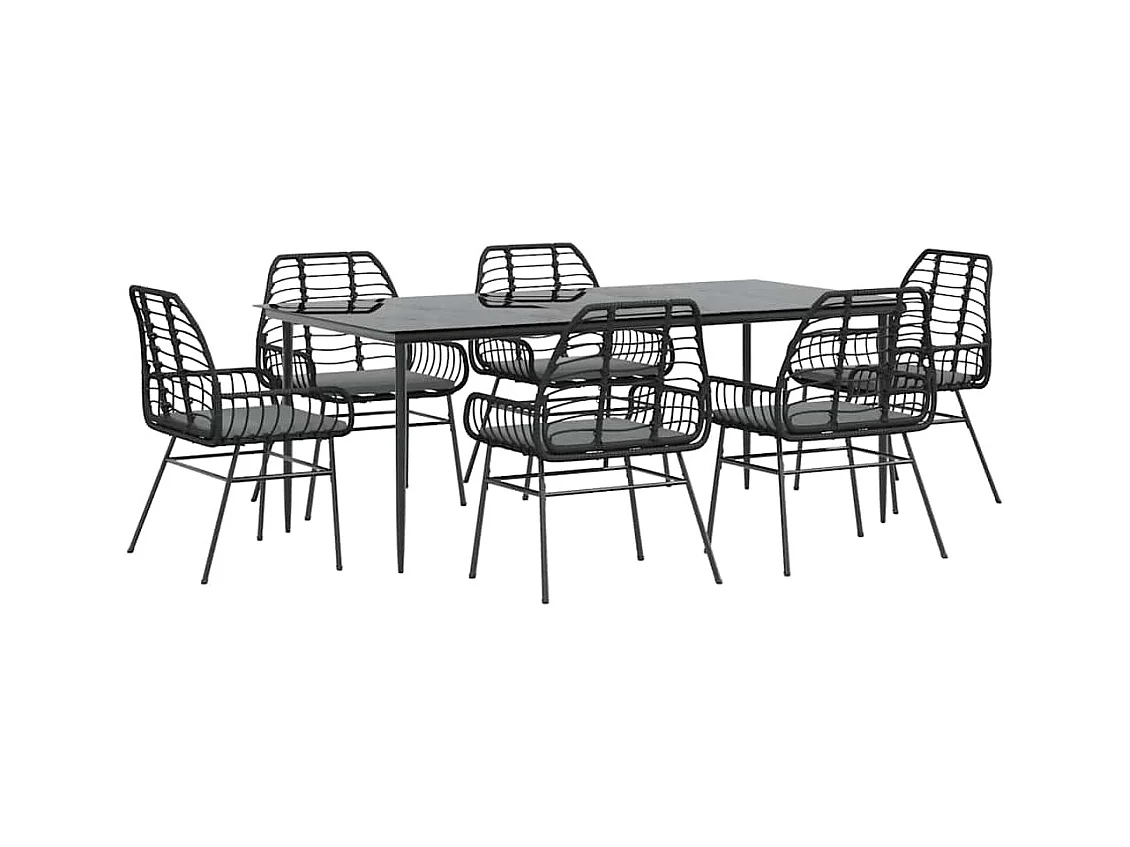 Set Pranzo da Giardino 7 pz Nero con Cuscini Polyrattan Vetro