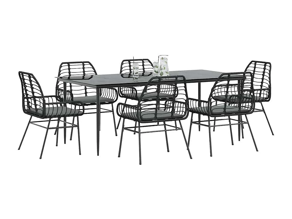 Ensemble à manger de jardin coussins 7pcs noir poly rotin verre