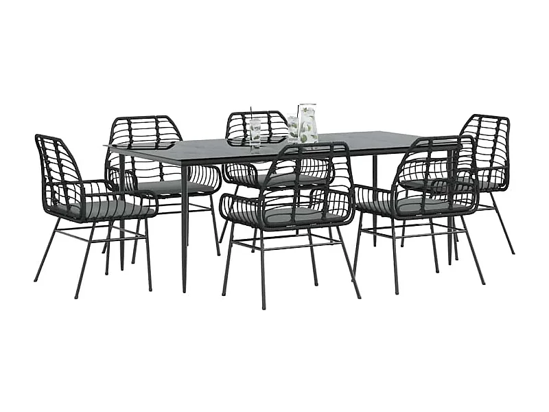 7-tlg. Garten-Essgruppe mit Kissen Schwarz Poly Rattan Glas