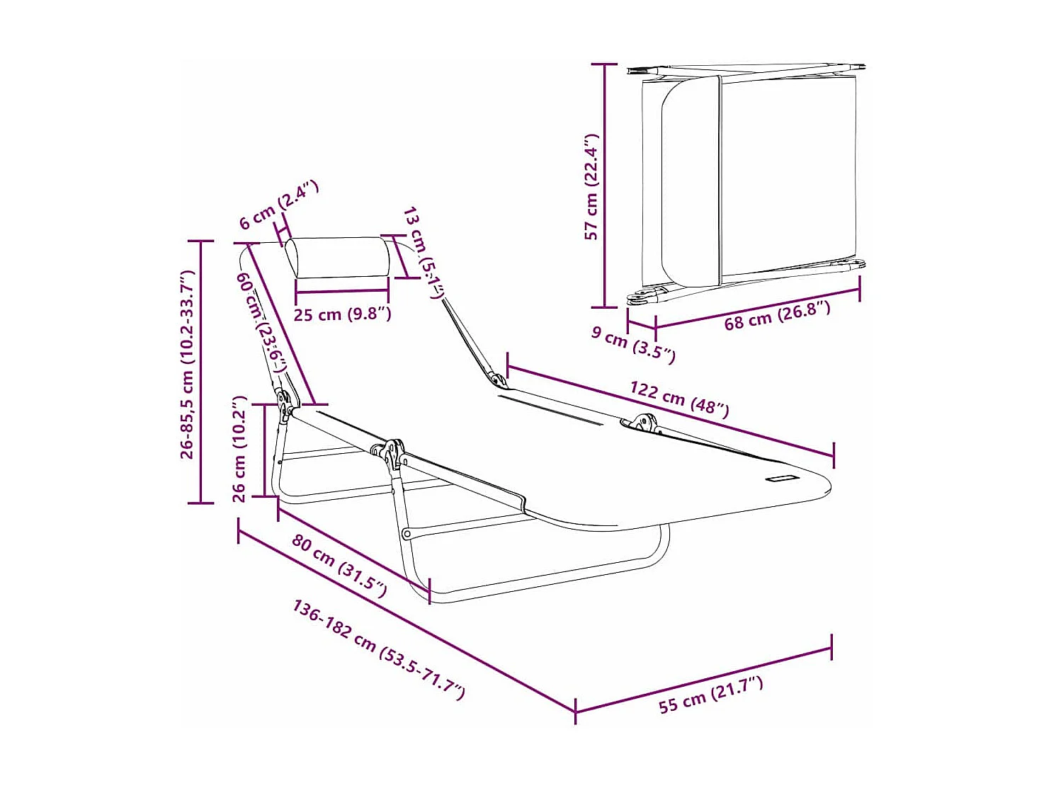 Chaise longue pliante Crème 182 x 55 x 85,5 cm Textilène
