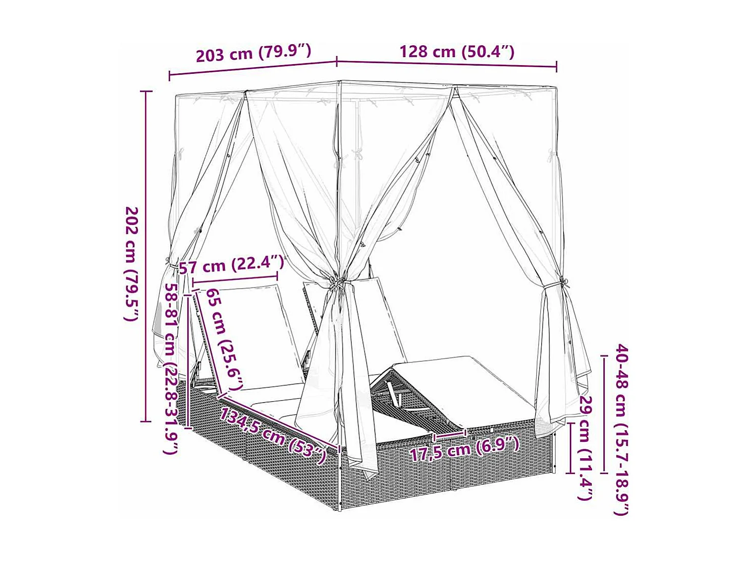 Transat double avec toit Marron 205 x 129 x 200 cm Rattan PE