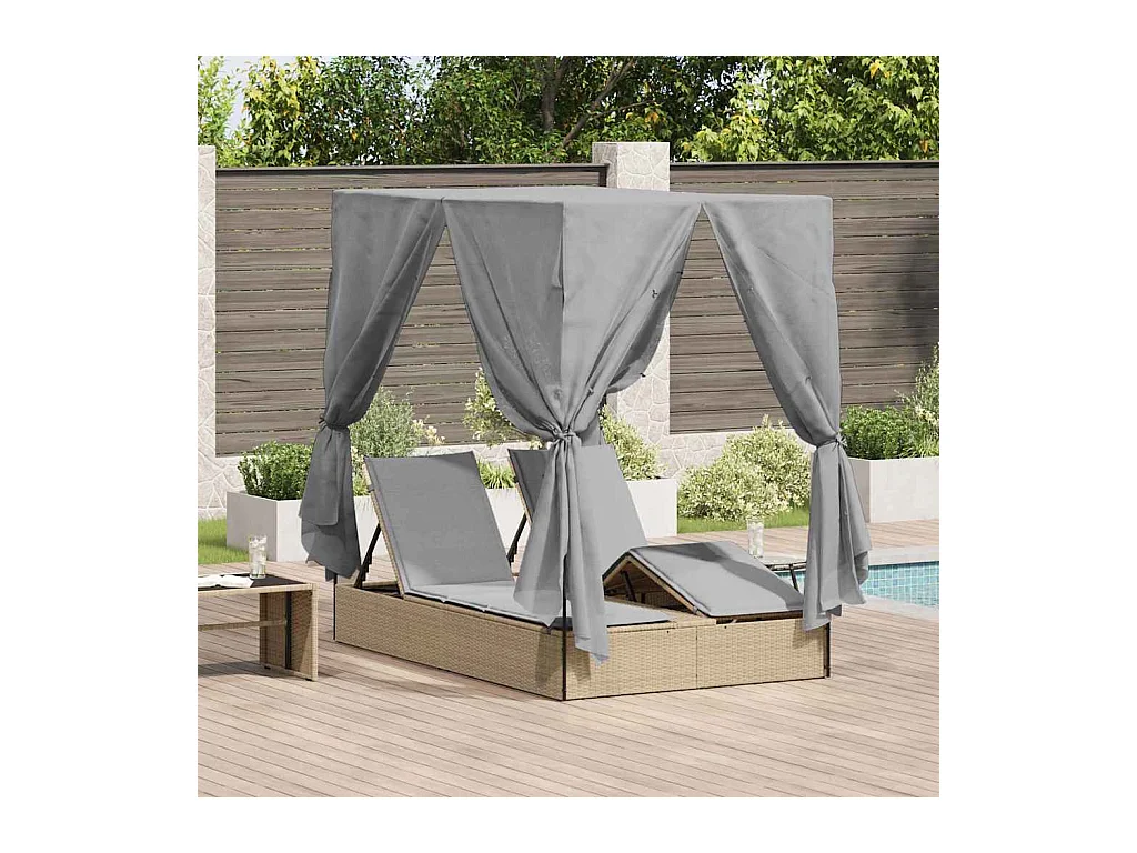 Dubbele Zonnebed met Dak Beige 205 x 129 x 200 cm PE riet