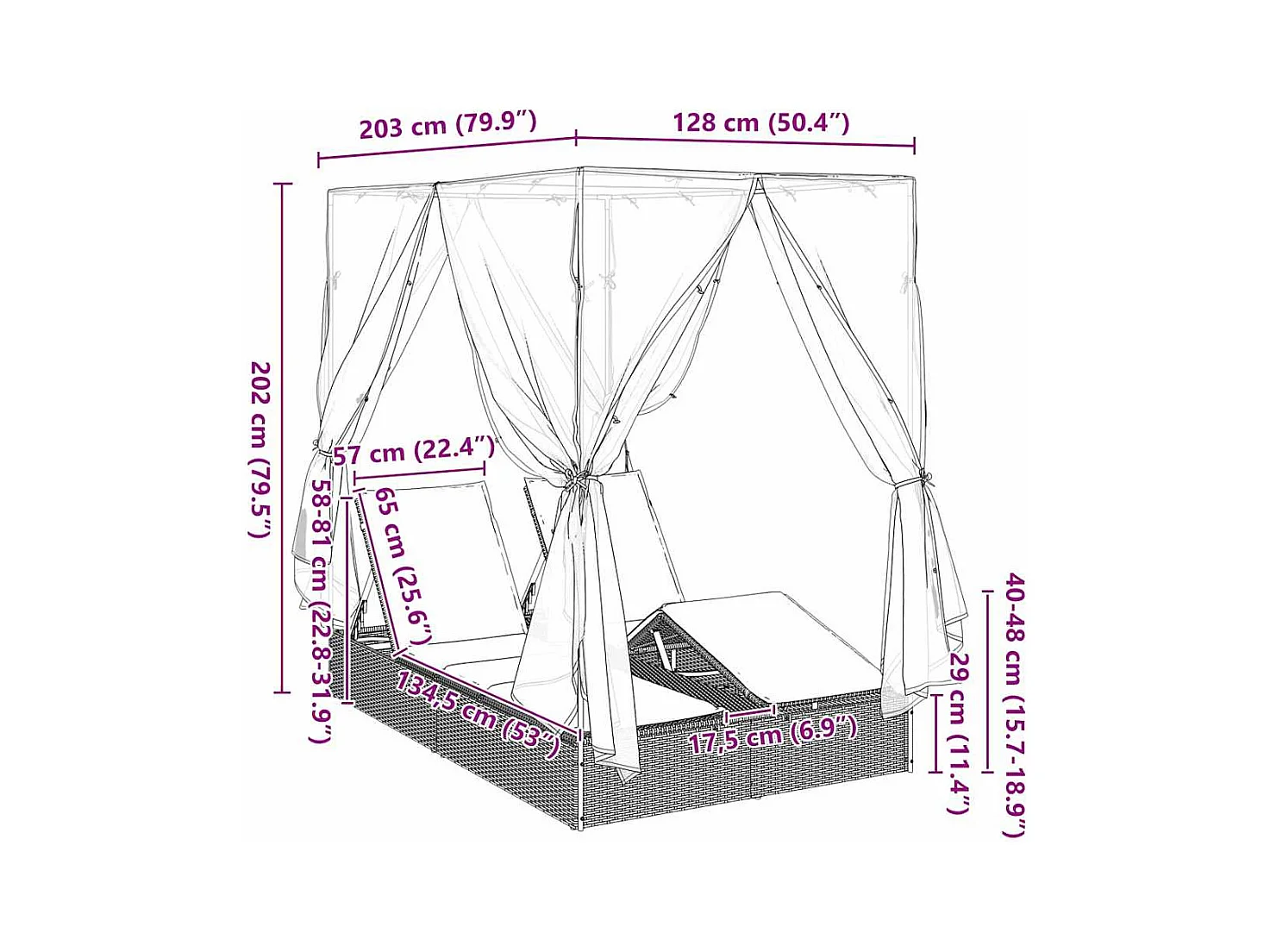 Dubbele Zonnebed met Dak Beige 205 x 129 x 200 cm PE riet