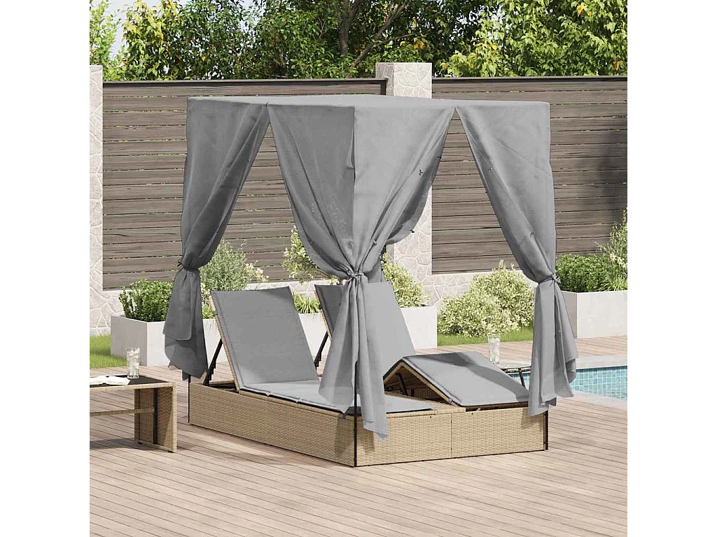 Doppelte Sonnenliege mit Dach Beige 205 x 129 x 200 cm