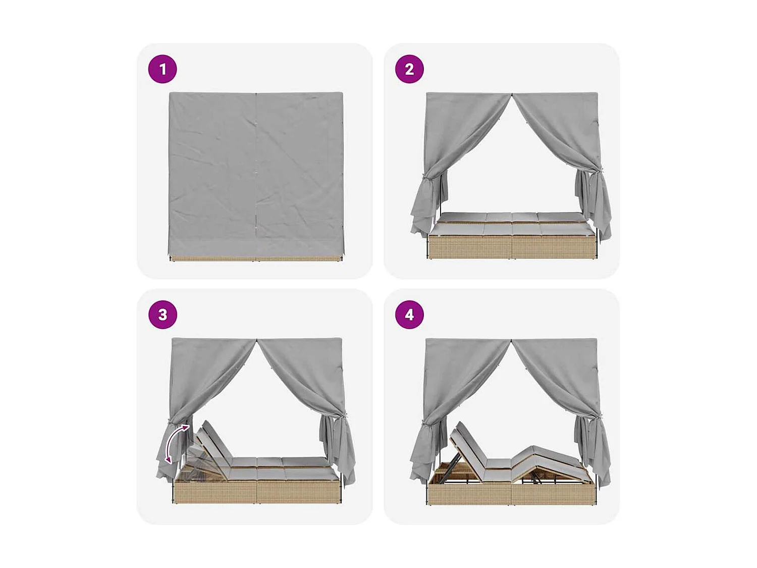 Doppelte Sonnenliege mit Dach Beige 205 x 129 x 200 cm