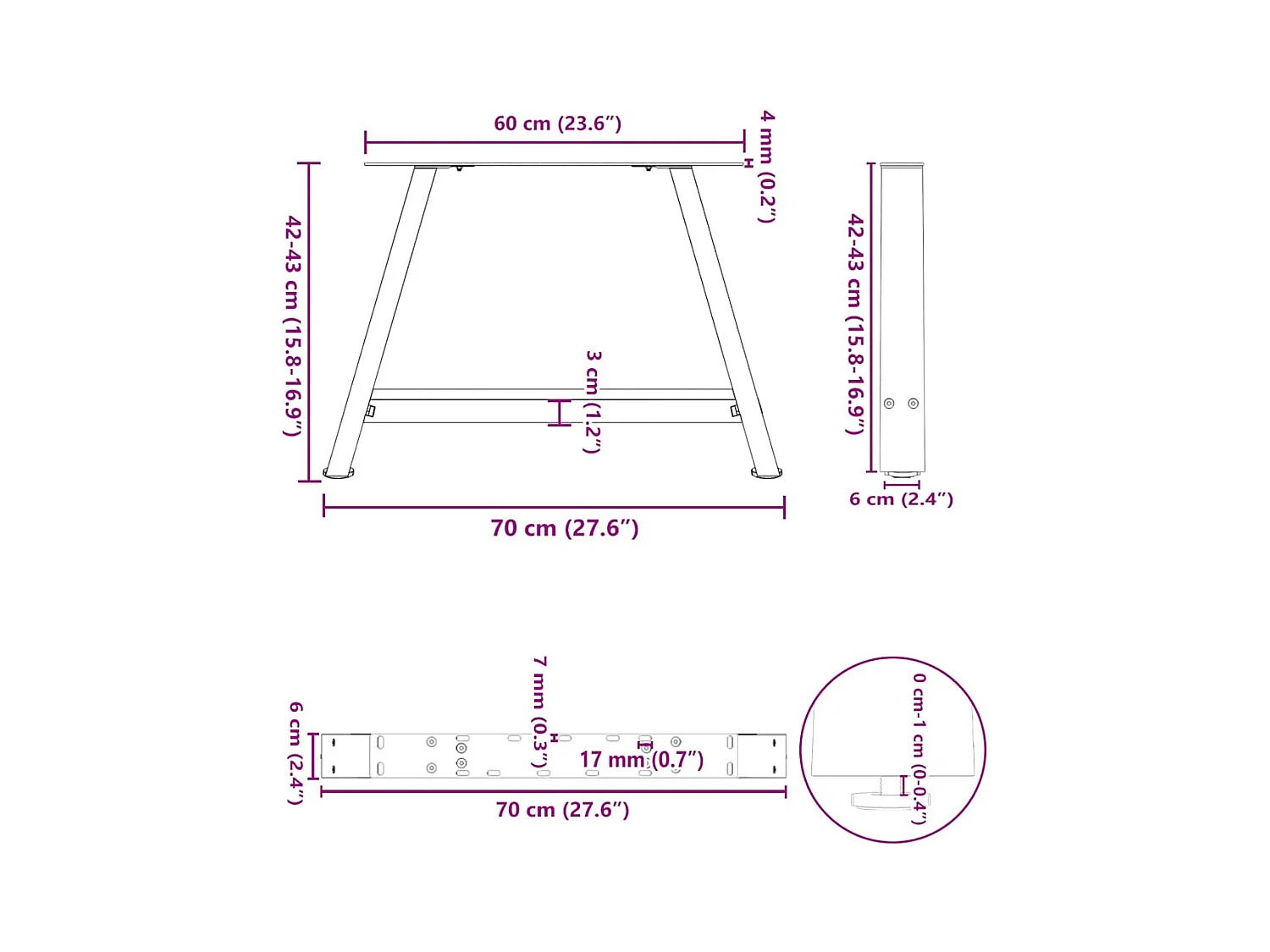Pieds de table basse en forme de A, 2 pièces, noir, 70 x (42-43) cm, acier