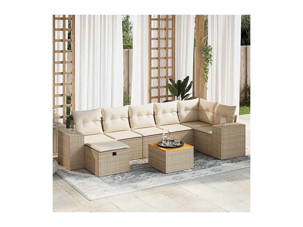 Salon de jardin avec coussins 8 pcs beige résine tressée