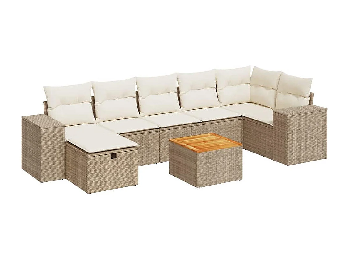 8 pcs conjunto de sofás p/ jardim com almofadões vime PE bege