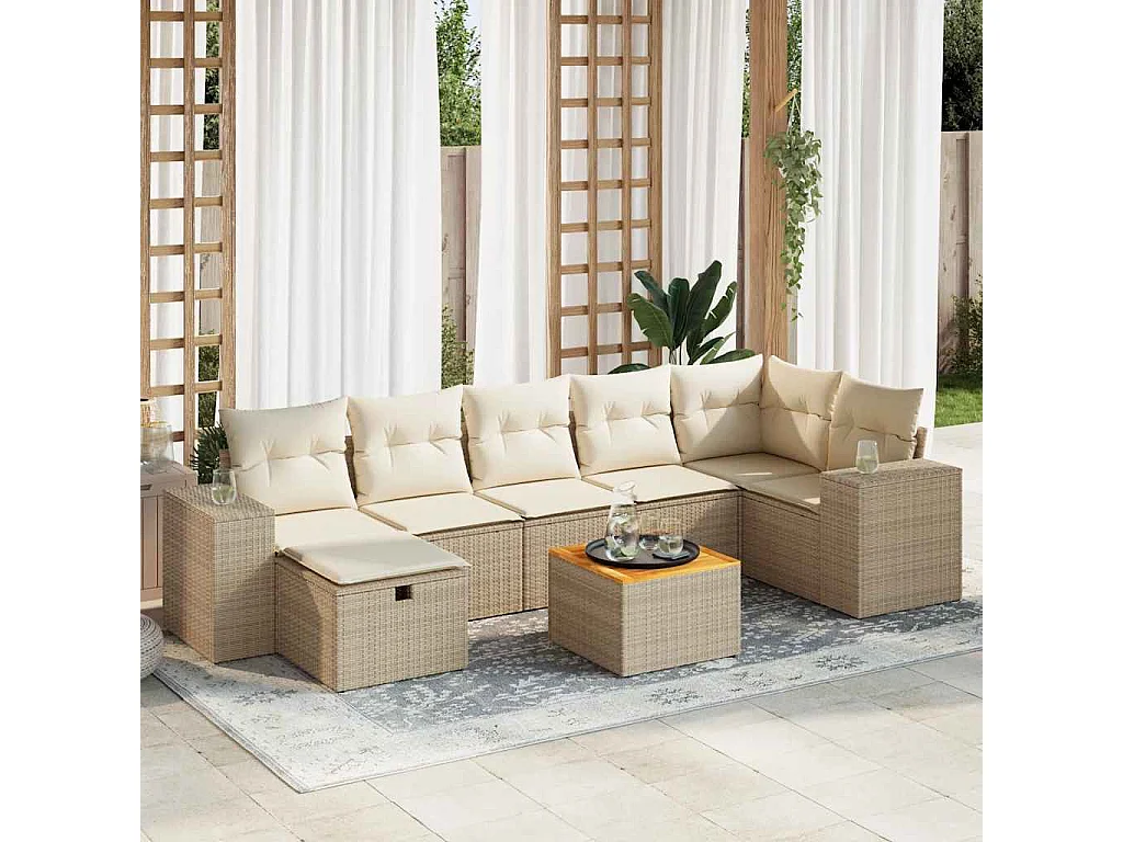 8 pcs conjunto de sofás p/ jardim com almofadões vime PE bege