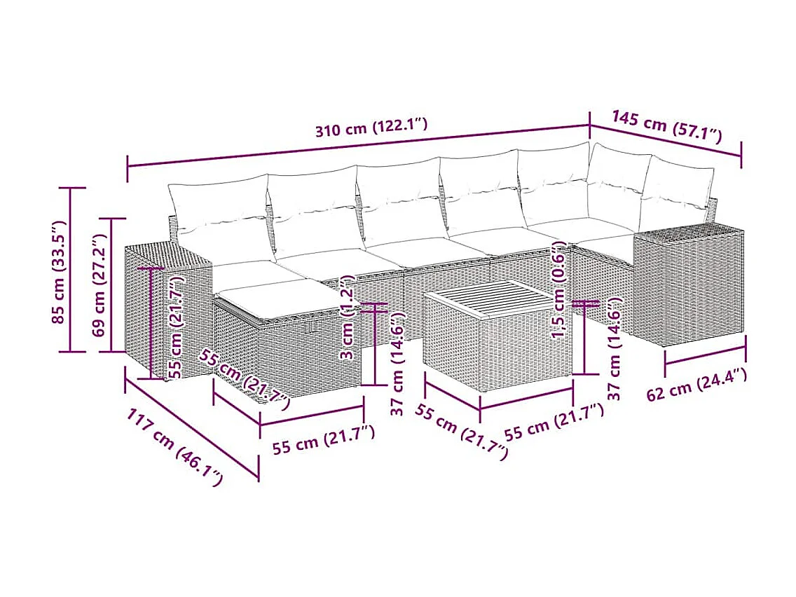 8 pcs conjunto de sofás p/ jardim com almofadões vime PE bege