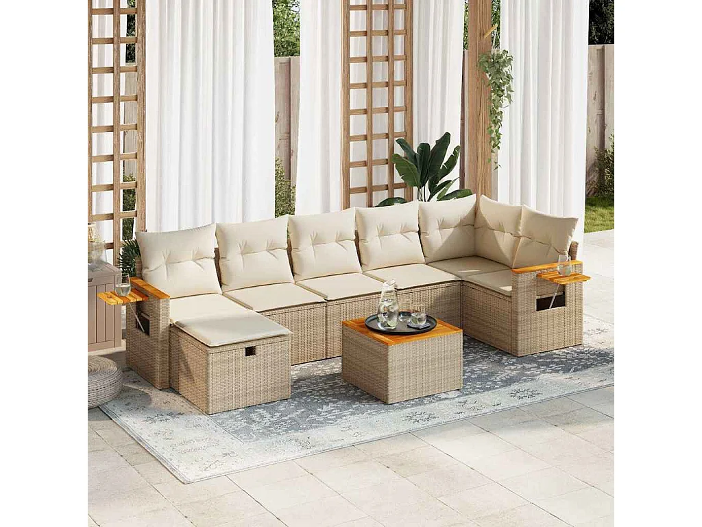 Set de sofás de jardín y cojines 8 piezas ratán sintético beige