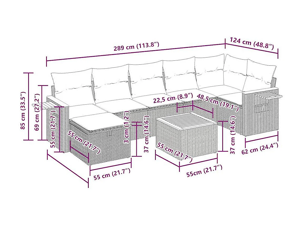 Set de sofás de jardín y cojines 8 piezas ratán sintético beige