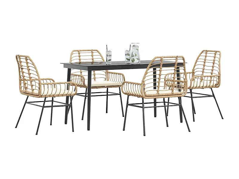 5-tlg. Garten-Essgruppe mit Kissen Braun Poly Rattan Glas