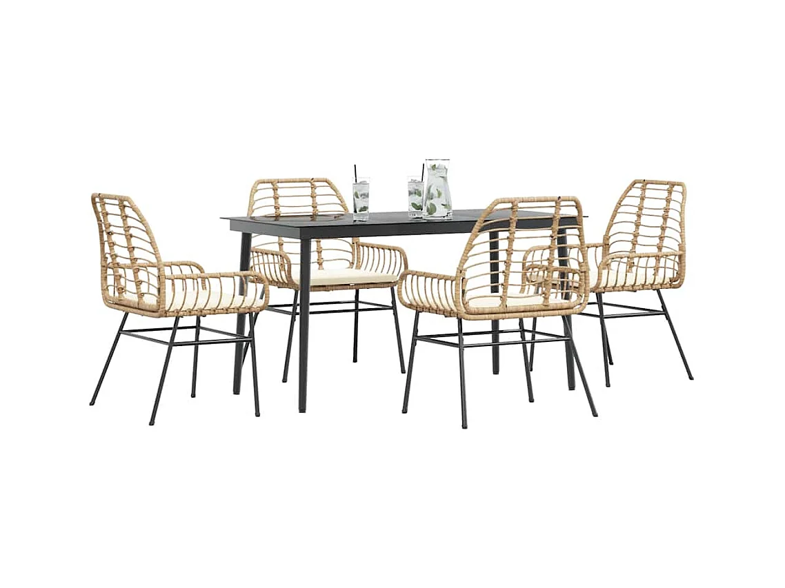 Ensemble à manger jardin coussins 5pcs marron poly rotin verre