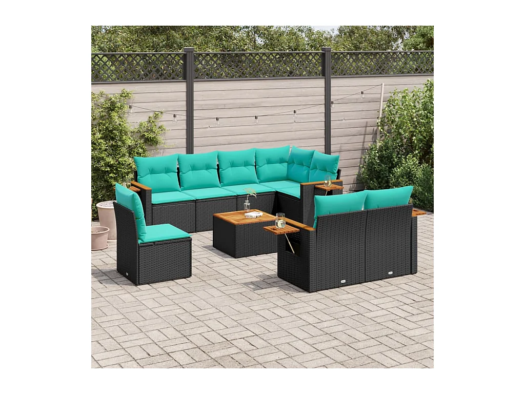 Salon de jardin 9 pcs avec coussins noir résine tressée