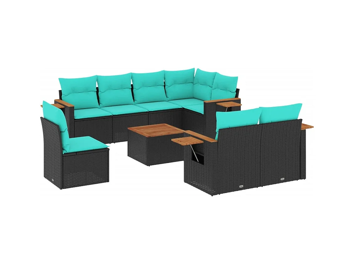 Salon de jardin 9 pcs avec coussins noir résine tressée