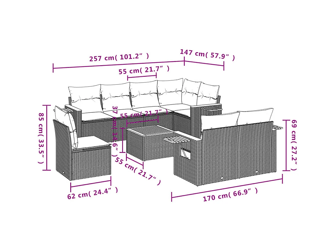 Salon de jardin 9 pcs avec coussins noir résine tressée