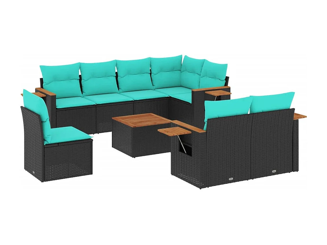 9 pcs conjunto de sofás p/ jardim c/ almofadões vime PE preto