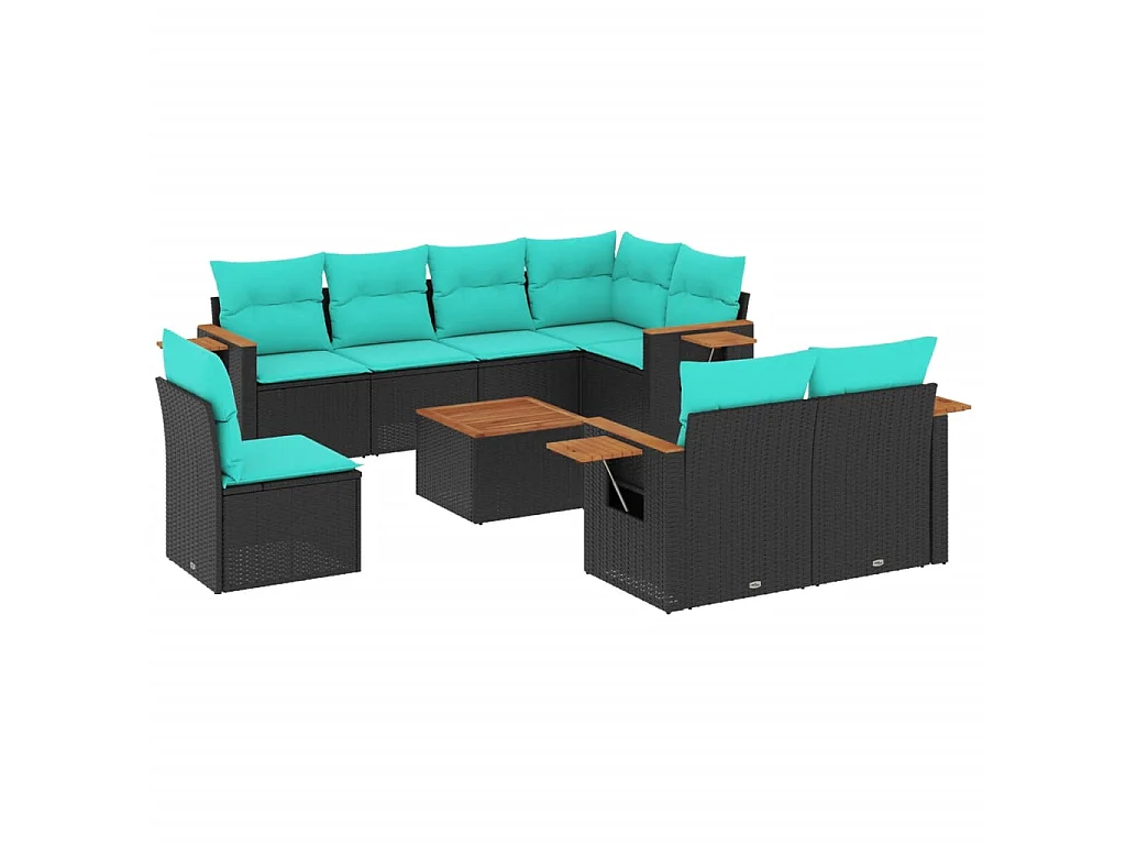9 pcs conjunto de sofás p/ jardim c/ almofadões vime PE preto