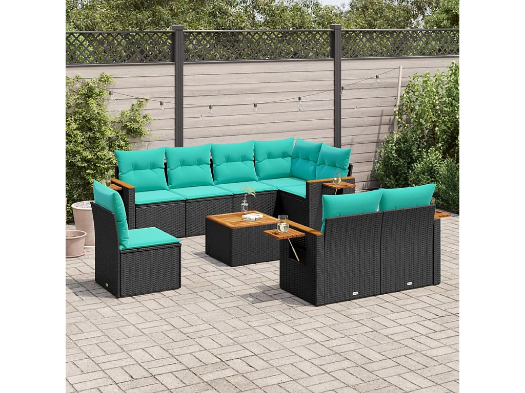 9 pcs conjunto de sofás p/ jardim c/ almofadões vime PE preto