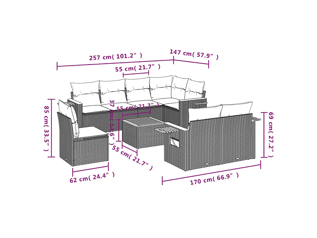 9 pcs conjunto de sofás p/ jardim c/ almofadões vime PE preto