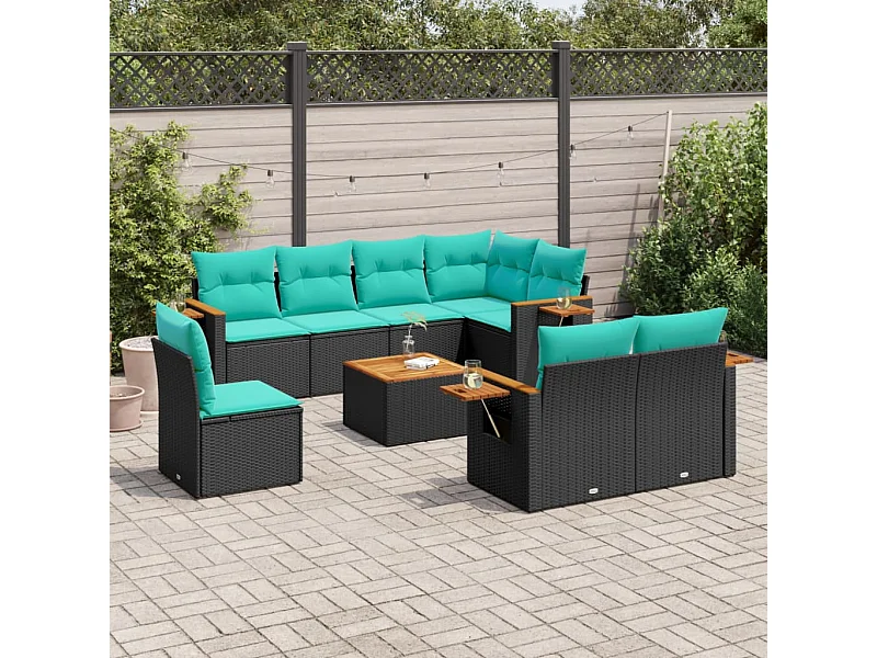 9-tlg. Garten-Sofagarnitur mit Kissen Schwarz Poly Rattan
