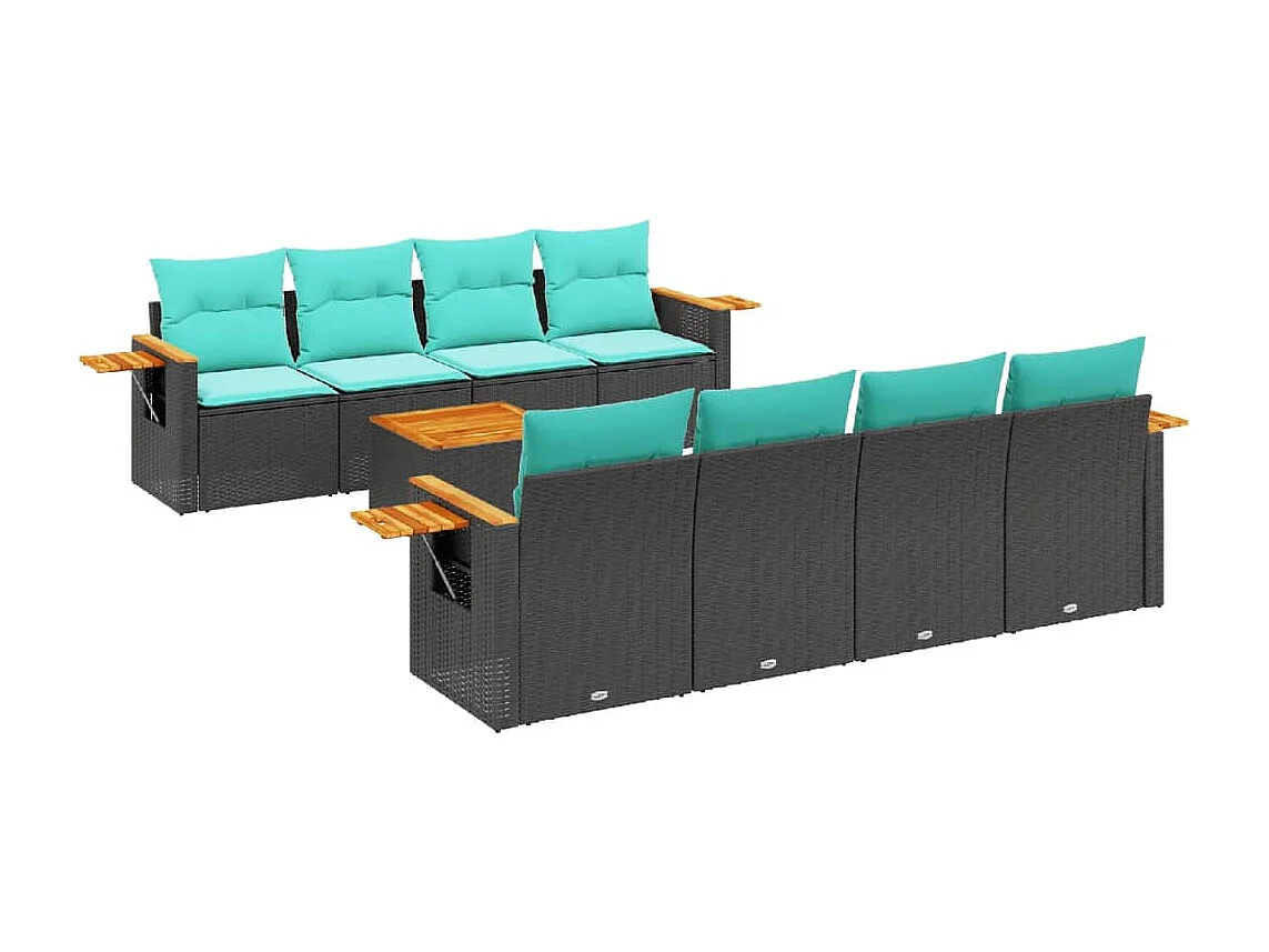 Salon de jardin 9 pcs avec coussins noir résine tressée