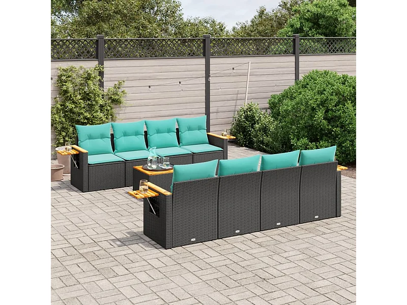 9-tlg. Garten-Sofagarnitur mit Kissen Schwarz Poly Rattan