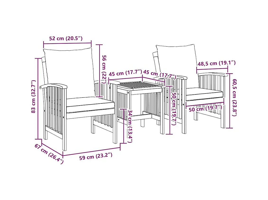 Set Divano da Giardino 3 pcs Marrone legno massello di acacia