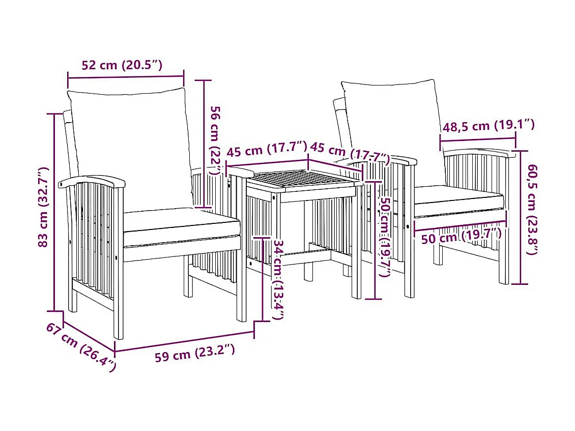 Set Divano da Giardino 3 pcs Marrone legno massello di acacia